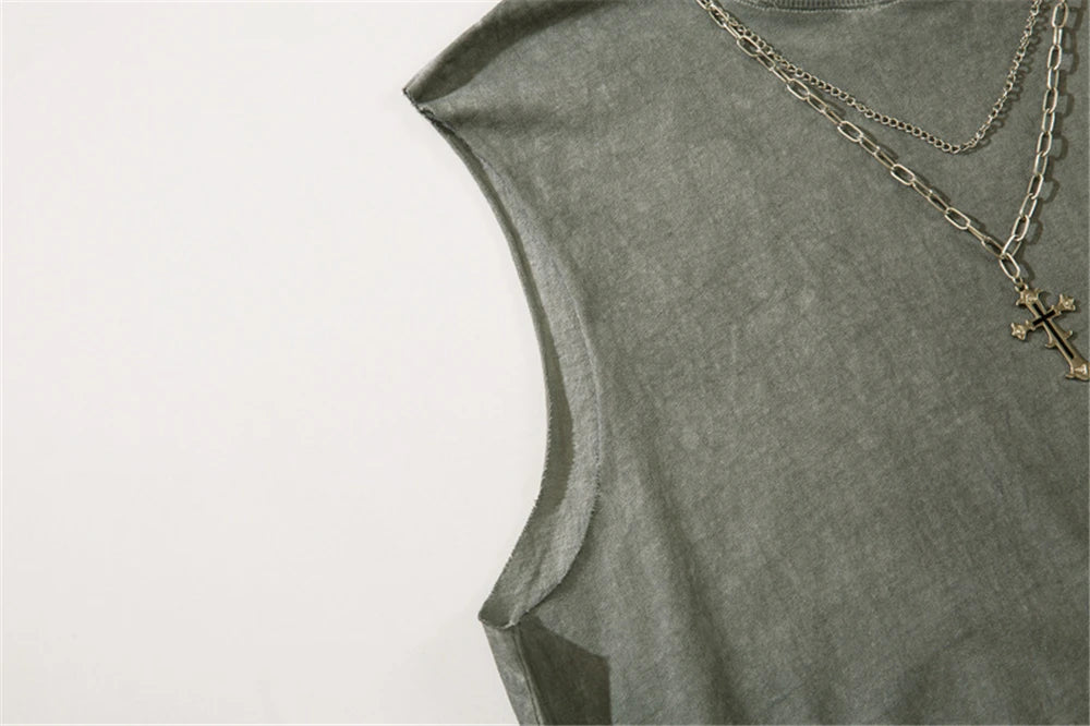 Hip Hop Tank Tops Men's Vintage Washed Sleeveless T-Shirt Hole Harajuku Dancing Breathable Tops with Necklace Streetwear