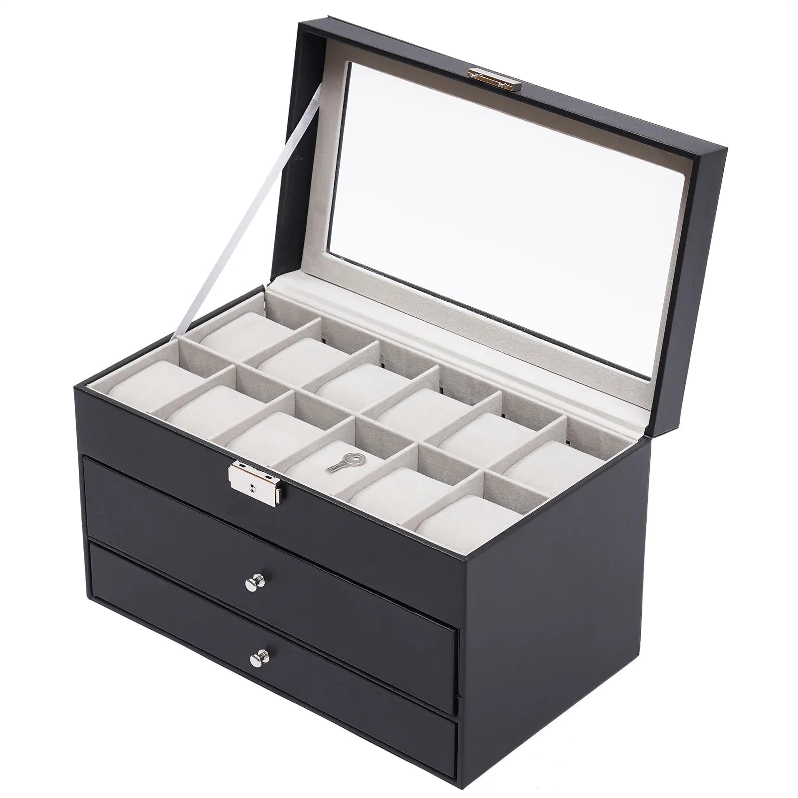 3 Layer Black Leather Watch And Eyeglasses&Sunglasses Box With Jewelry Display Drawer Metal Buckle Case Organizer