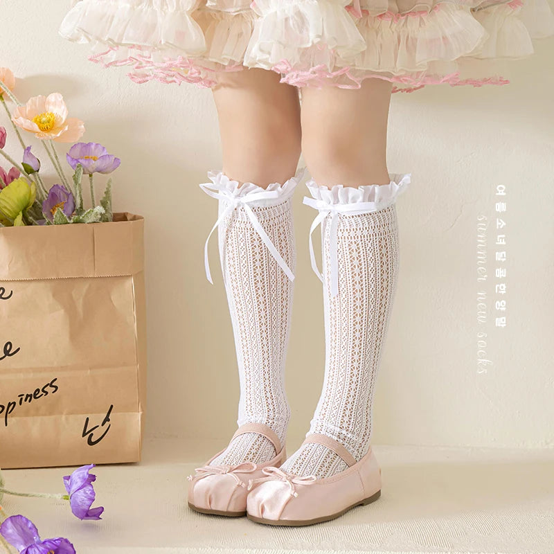 Girls Kids Geometric Retro Twists bowknot Long Kawaii Socks Princess Sweet Baby Over Knee High Sock Hollow mesh Lolita Stockings