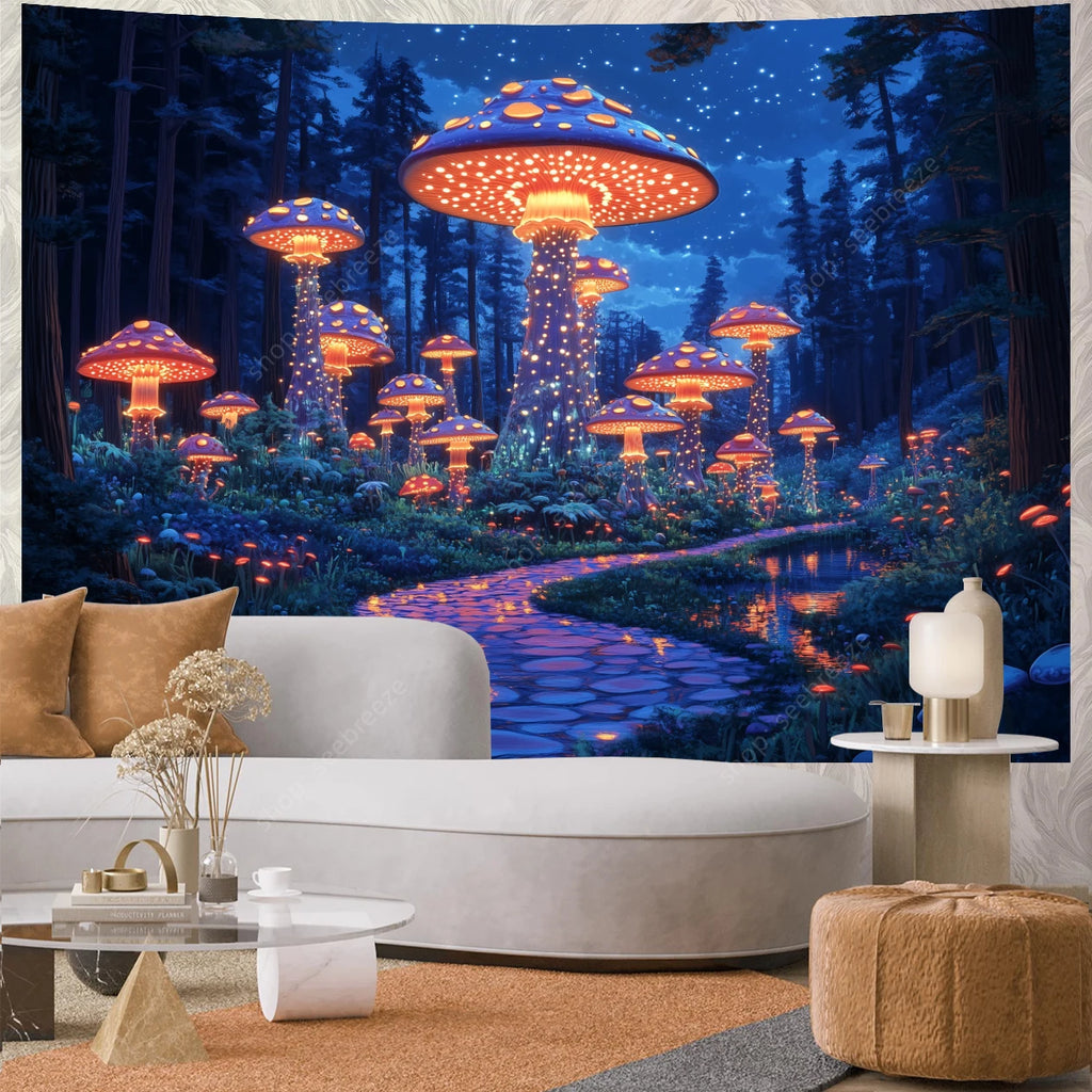 Fantasy Mushroom UV Reactive Tapestry Beautiful Floral Plant Tapestry Wall Hanging Gothic Home Wall Decor Room Decor Aesthetic
