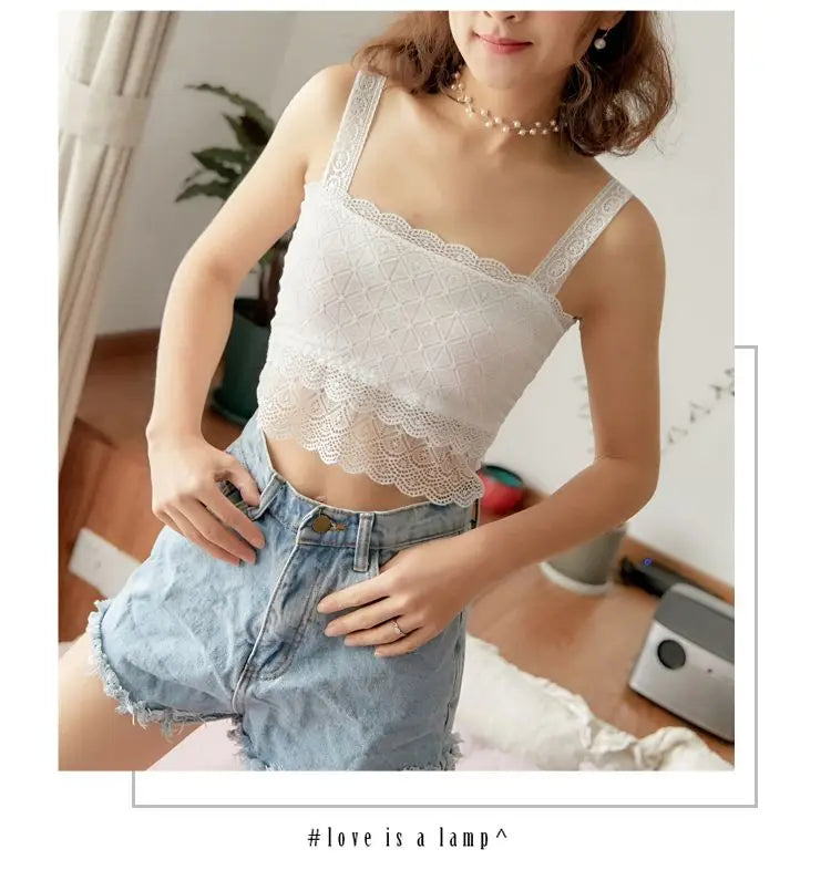 Summer Sexy Lace Camisole Tank Tops Women Beautiful Back Top Lady Seamless Hollow Out Elastic with Chest Pads Woman Clothing