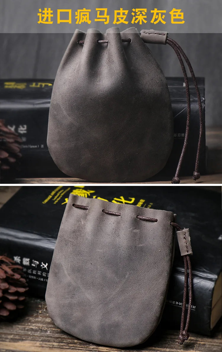 Drawstring Coin Storage Bag Handmade Genuine Leather Unisex Coin Purse Cow Leather Coins Money Pocket Retro Wallet Bags