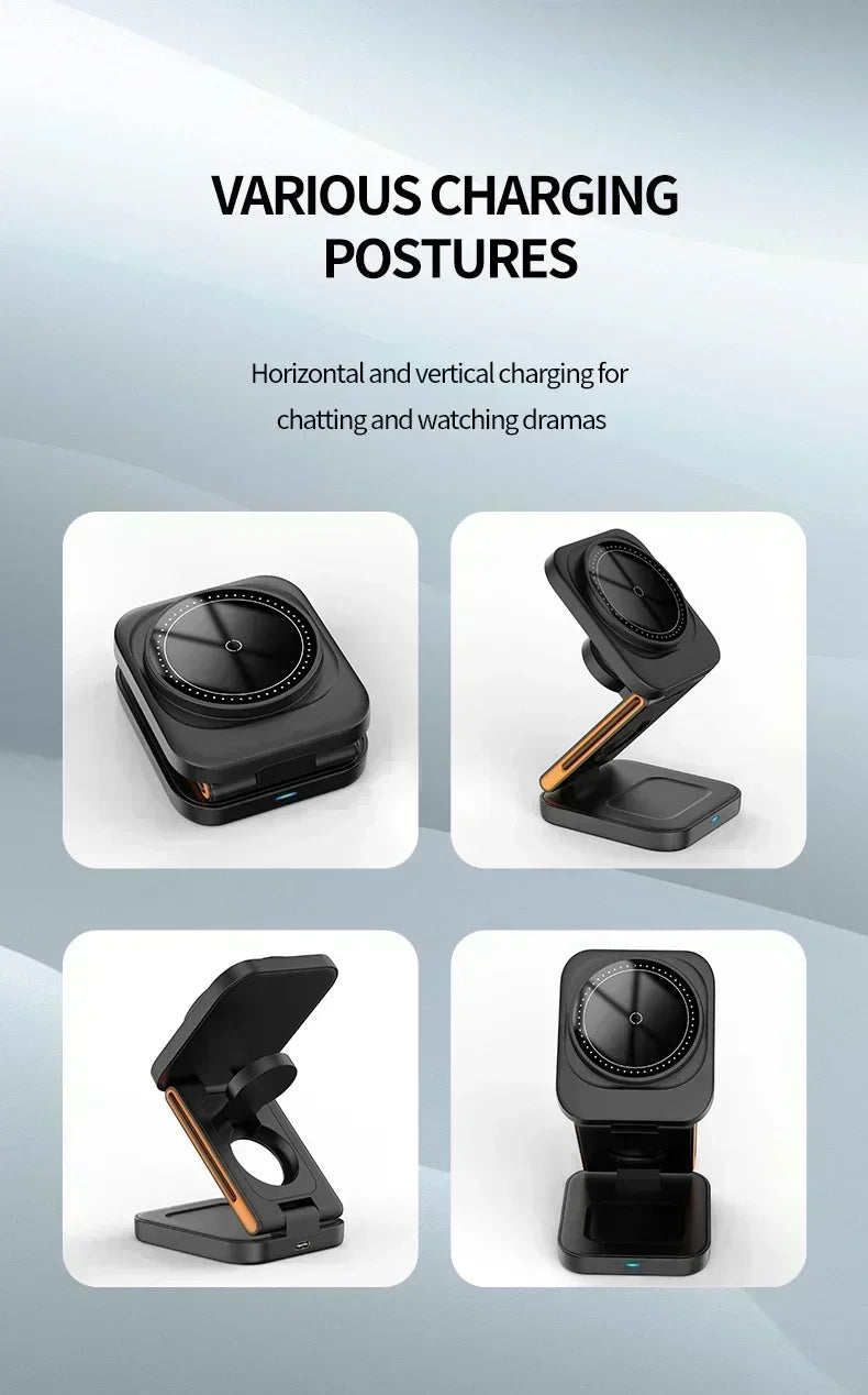 3 in 1 Fast Charging Station Foldable Magnetic Wireless Charger Stand for iPhone 17 16 15 14 13 12 iWatch 10-2 Airpods Pro Max