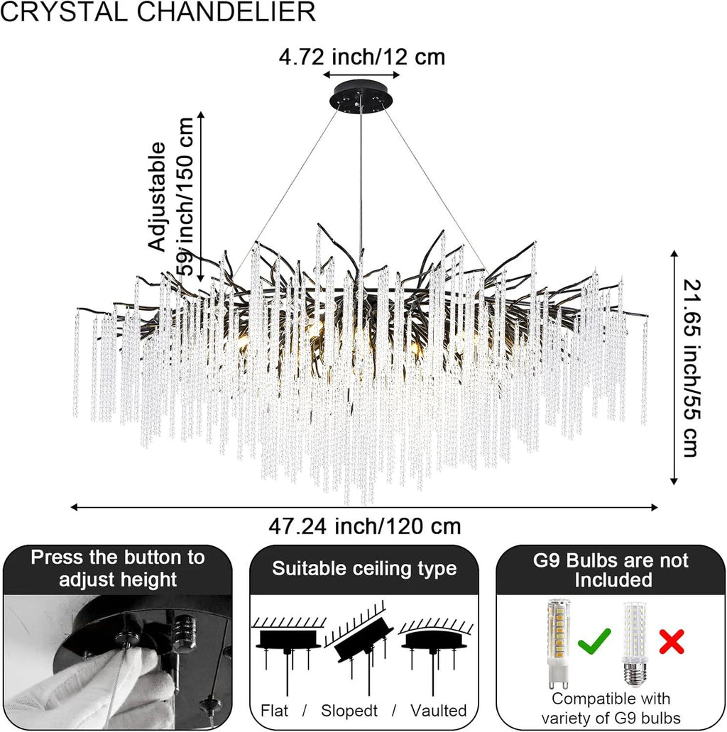 Long Crystal Branch Chandeliers For Dining Room Kitchen Table, Modern Black Crystal Hanging Chandelier Living Room Bedroom