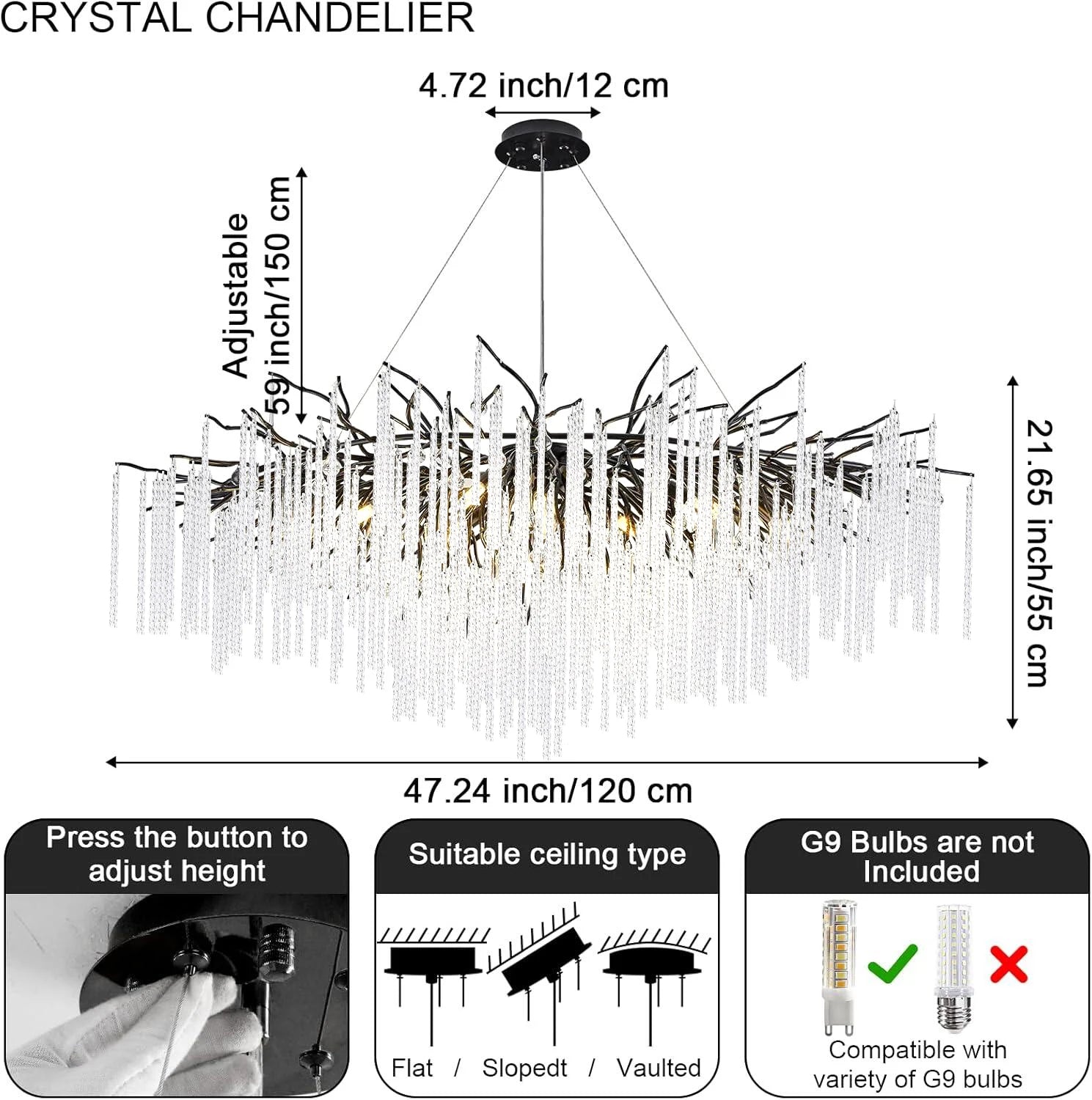 Long Crystal Branch Chandeliers For Dining Room Kitchen Table, Modern Black Crystal Hanging Chandelier Living Room Bedroom