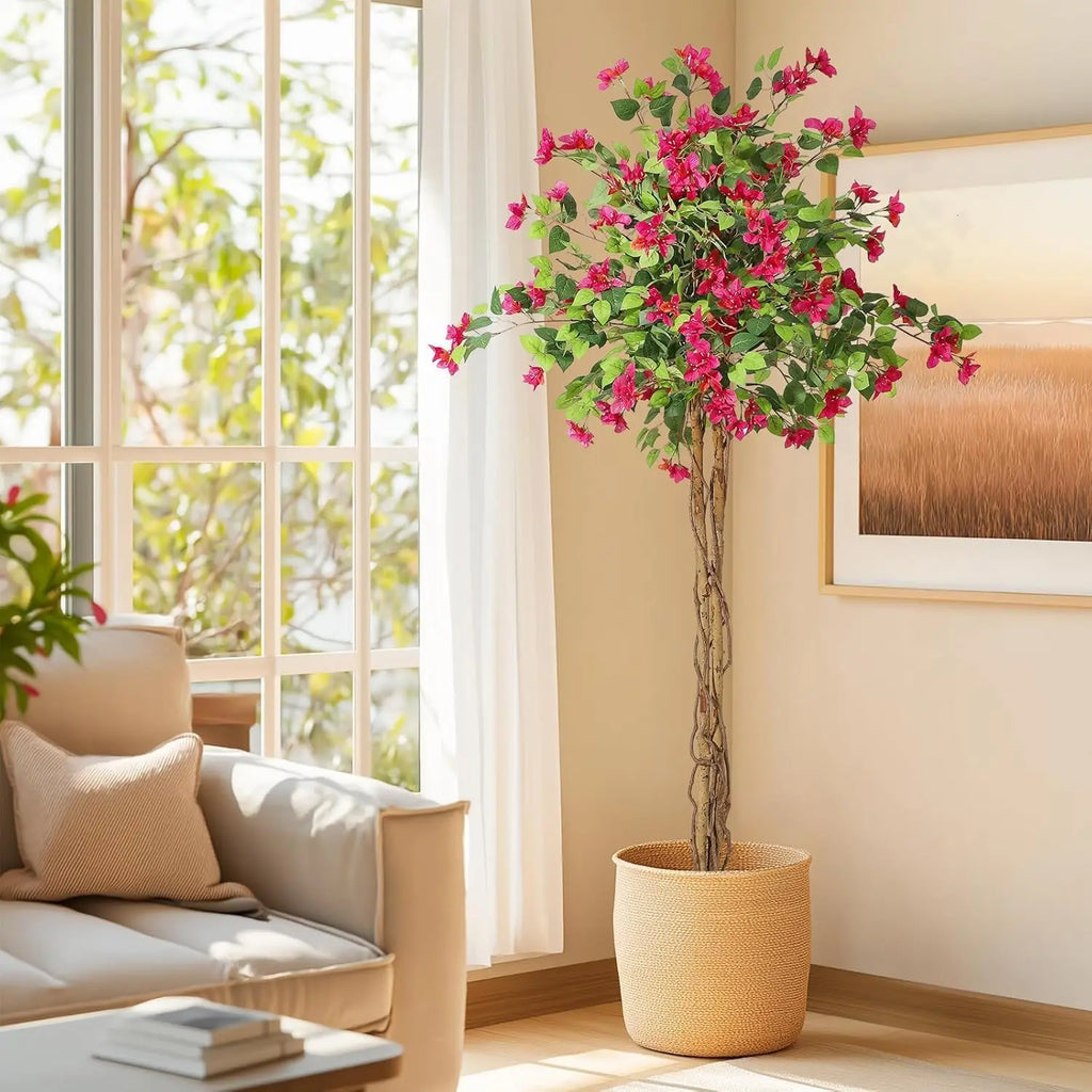 Artificial Bougainvillea Tree, Tall Potted Lifelike Tree Indoor, Faux Tree with Wood Trunk and Pink Flowers for Outdoor
