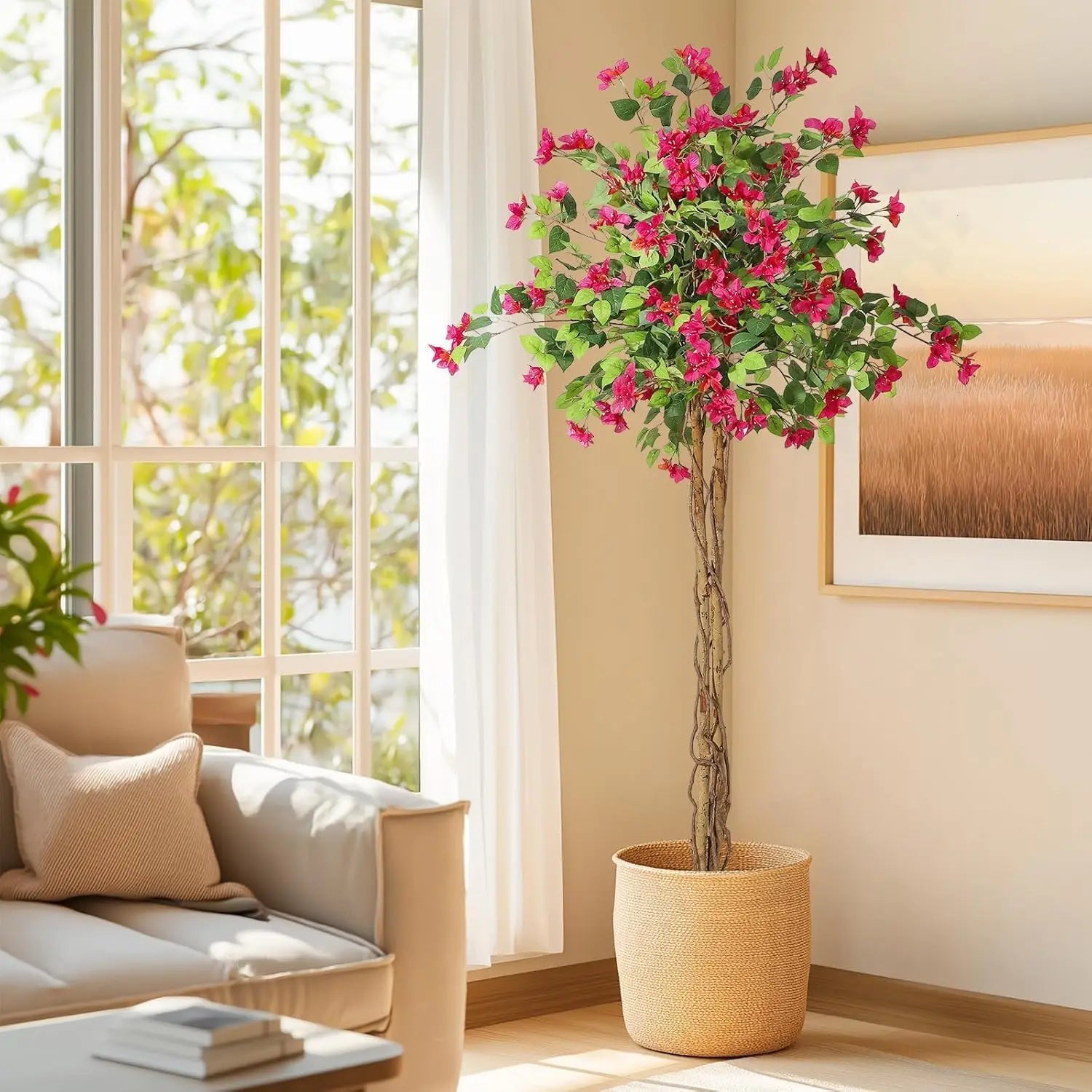Artificial Bougainvillea Tree, Tall Potted Lifelike Tree Indoor, Faux Tree with Wood Trunk and Pink Flowers for Outdoor