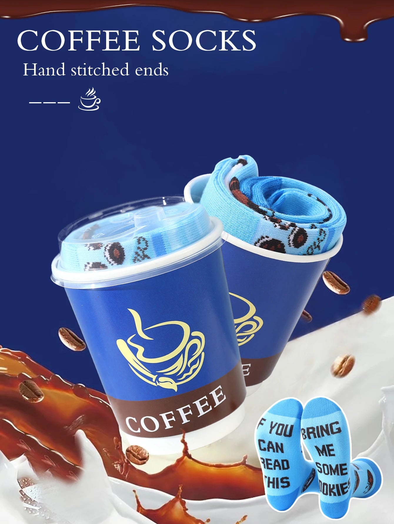 1 pair of mid-calf socks for men and women in a novelty coffee design, practical and suitable for holiday gifting.
