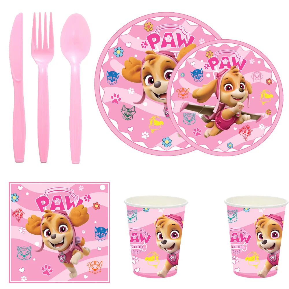 New Pink Skye Paw Patrol Theme Birthday Party Decoration Kids Tableware Supplies Tablecloth Balloon Cake Topper Straw