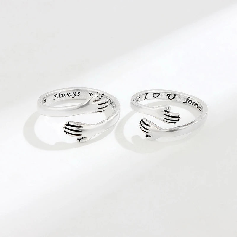 Vintage Silver Color Love Hugging Hands Couple Ring For Men And Women Always With You Forever Adjustable Open Cuff Rings Jewelry