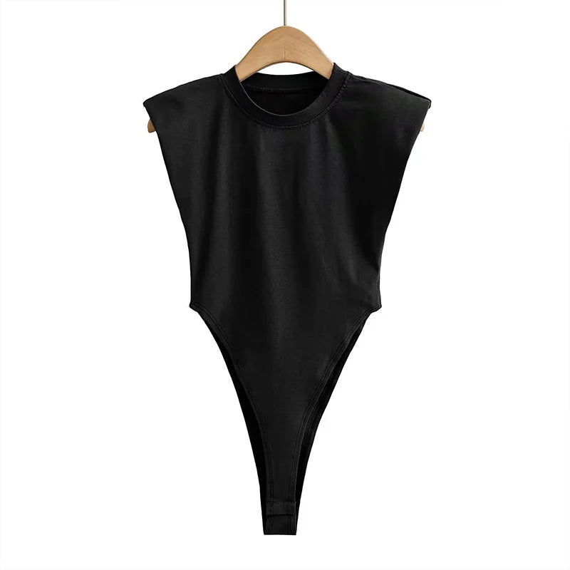 Summer 2025 Sexy Women's Bodycon Bodysuit Sleeveless Padded Shoulder One-Piece Black White Sexy Tops for Women