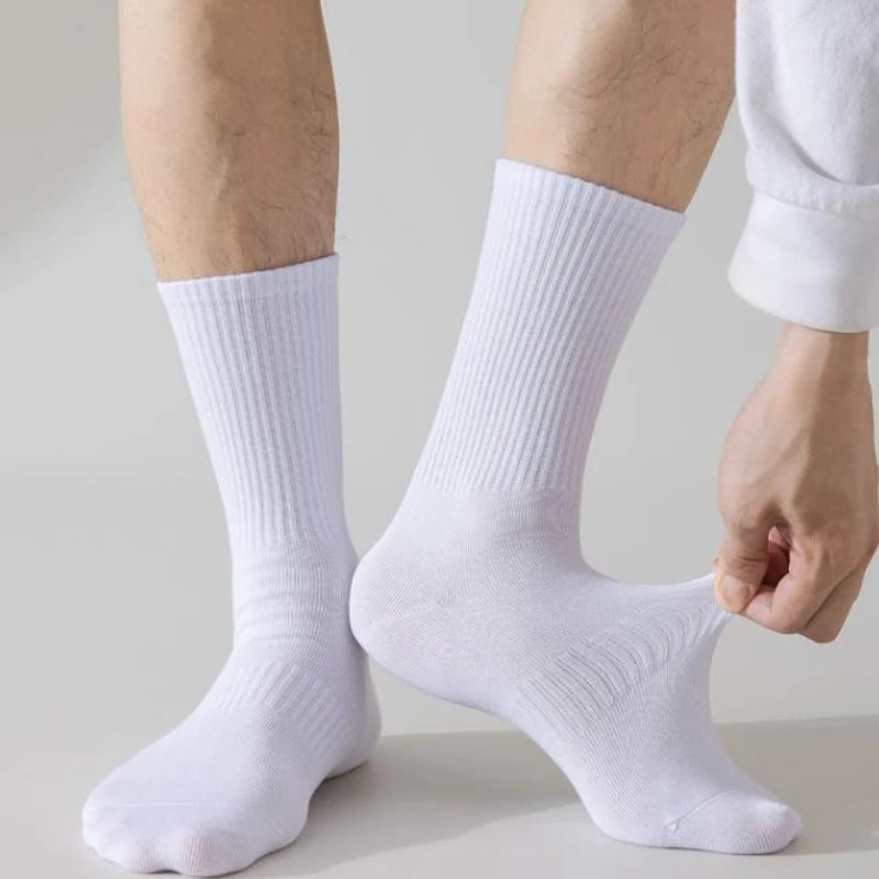 5/10 Pairs of Autumn and Winter Men Mid Length Socks, White Anti Odor, Sweat Absorbing, Breathable Men's Sports Sock