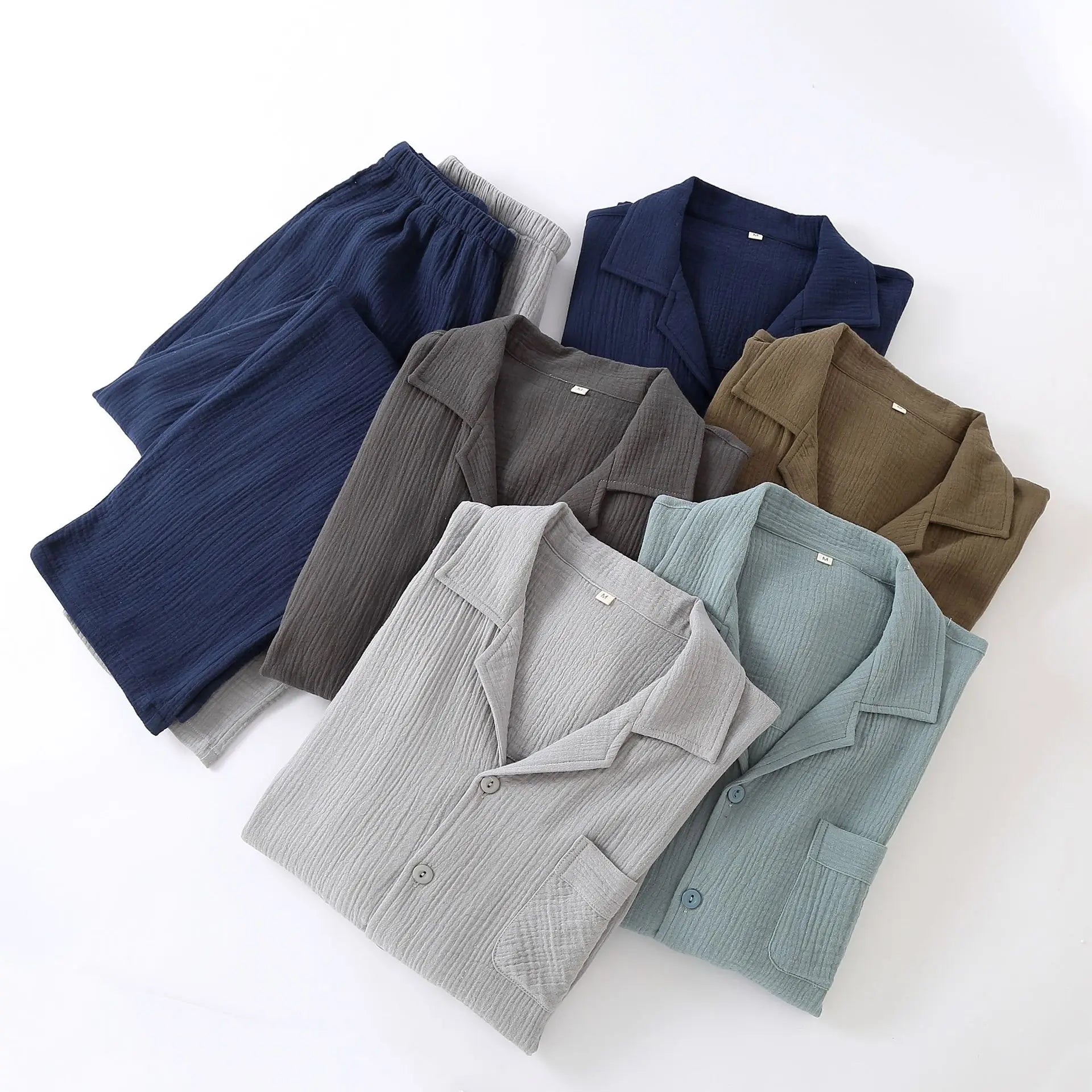 Men's Sleepwear Clothes for Spring and Autumn Cotton Double-layer Cardigan Loose Oversized Long Sleeved Pants Home Clothes