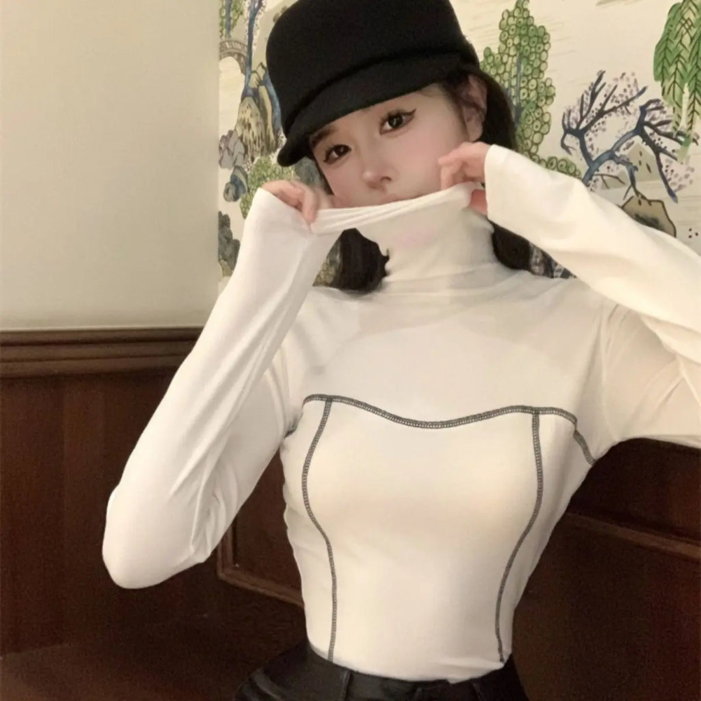 Women's Clothing Autumn Winter Korean Fashion High Collar Y2K Sexy Basic T-shirts Elegant Chic Black White Long Sleeve Slim Tops
