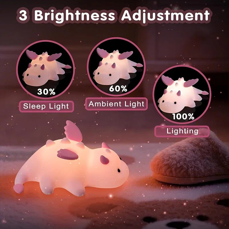 NEW Cute Dragon Night Light Rechargeable 8 Colors Dimmable Silicone Night Lamp Magnetic Base & Timer for Home Decor Gift