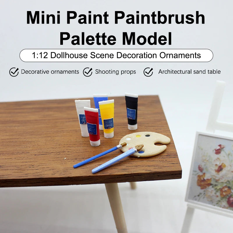 1/12 Mini Dollhouse Art Supplies; Pigment Tube, Brush, Palette Model; Ideal Dolls House Draw Room Decoration Accessories