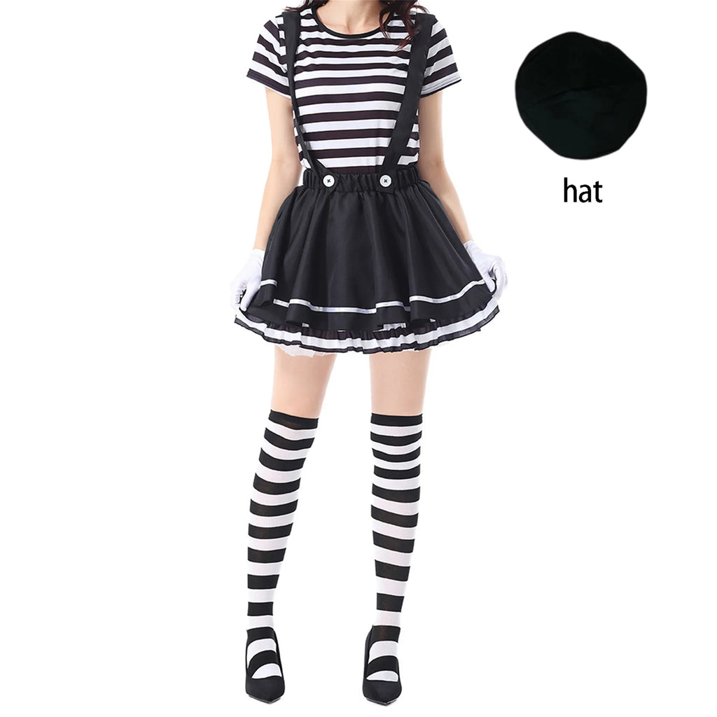 Women Clown Costumes Black White Striped Tops Suspender Skirt Gloves and Hat Set Halloween Cosplay Outfit