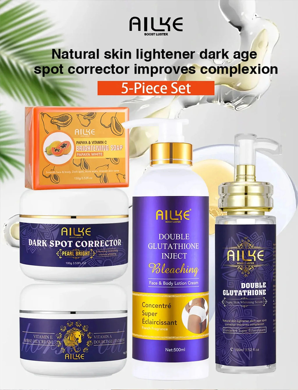 AILKE Double Glutathione Whitening Daily Skin Care, Clean Skin, Lightening, Even Toning, Remove Melanin, For All Skin Types
