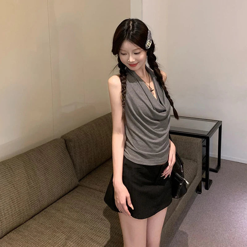 Summer Women Pure Desire Sexy Swing Collar Halter Sleeveless Slim Tank Top French Fashion Tank Top New 2025