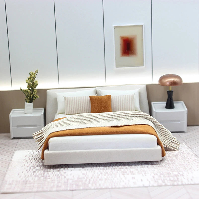 Dollhouse Cream Color Double Bed Model For Bedroom Micro Landscape Scene Miniature Furniture Doll Accessories