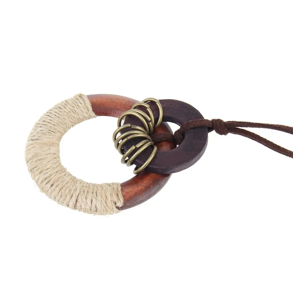 wood of vintage Circle Pendant with Hessian Rope Wrapped Lady Sweater Necklace