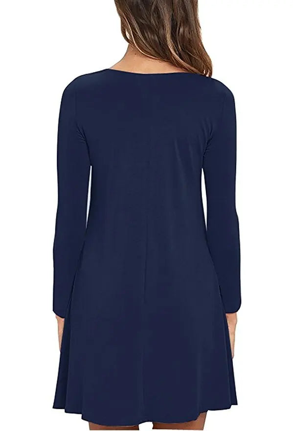 Women's Clothing New Autumn Winter Dress Solid Color Round Neck Swing Pocket Swing