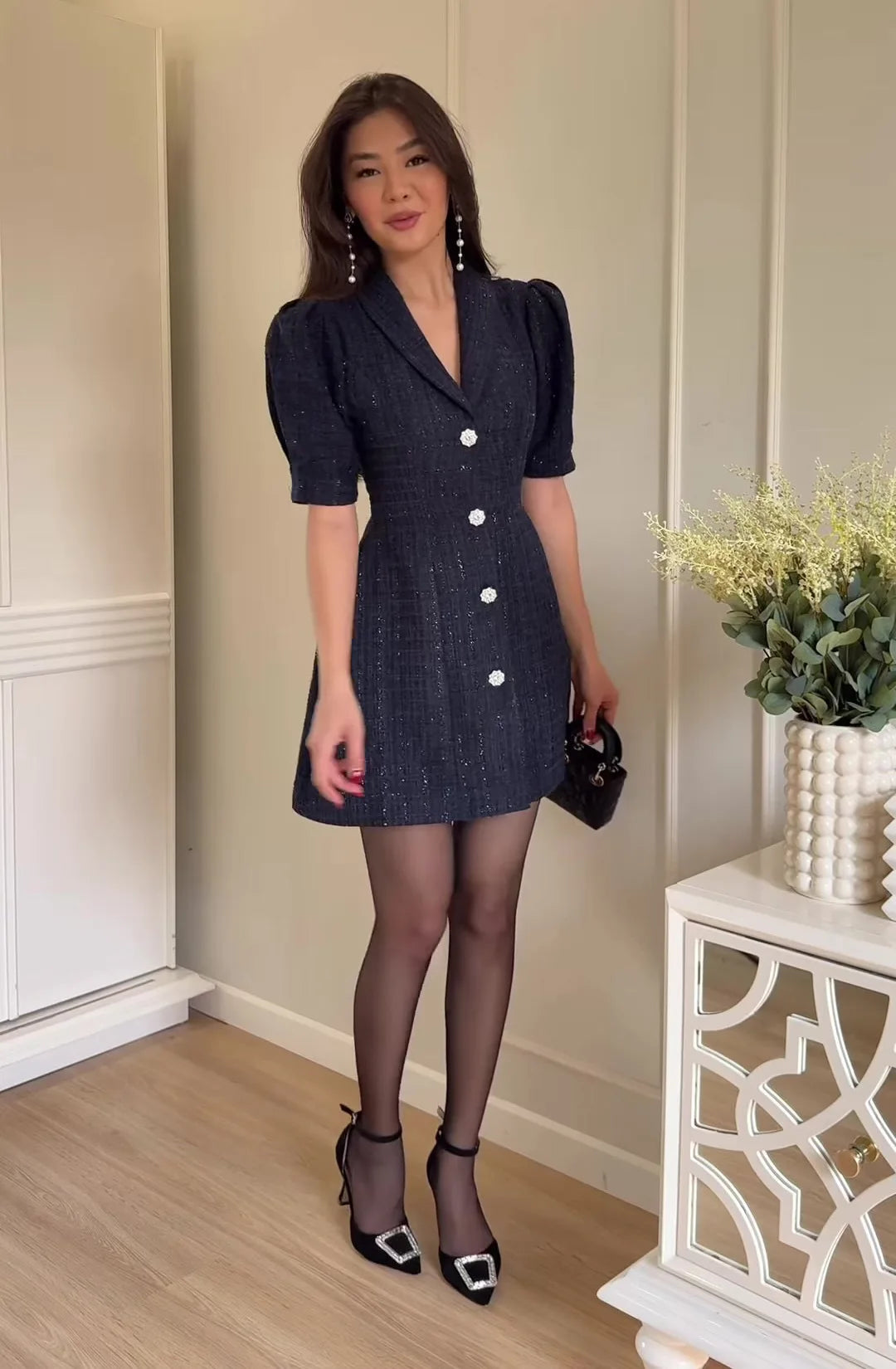 Women's Clothing 2026 Spring New Suit Collar Short Sleeve Cardigan Elegant Mini Bodycon Dress