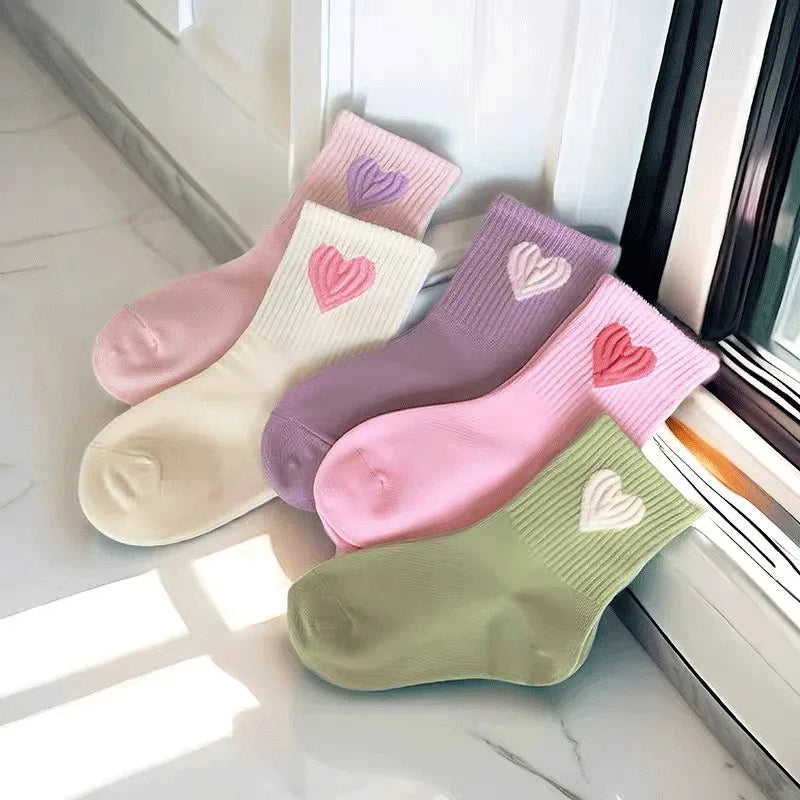 5 Pairs Children's Socks Girls' Socks Mid Tube Socks Autumn/Winter Love Cute Versatile Casual Socks