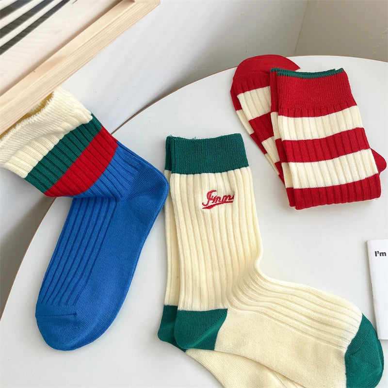 Socks For Women New Fashion Autumn Striped Cotton Long Socks Breathable Soft Korean Style Cute Embroidery Girls Casual Comfort