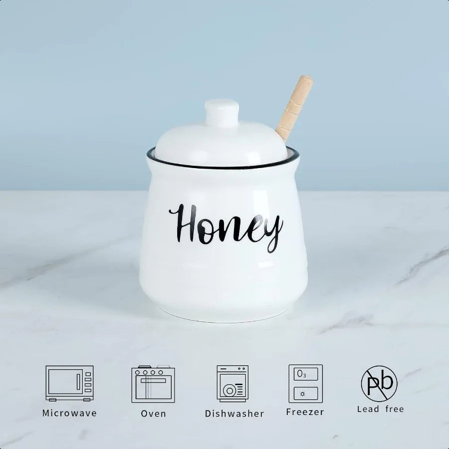Farmhouse Porcelain Honey Jar with Dipper and Lid Set 12ozEasy to Clean White