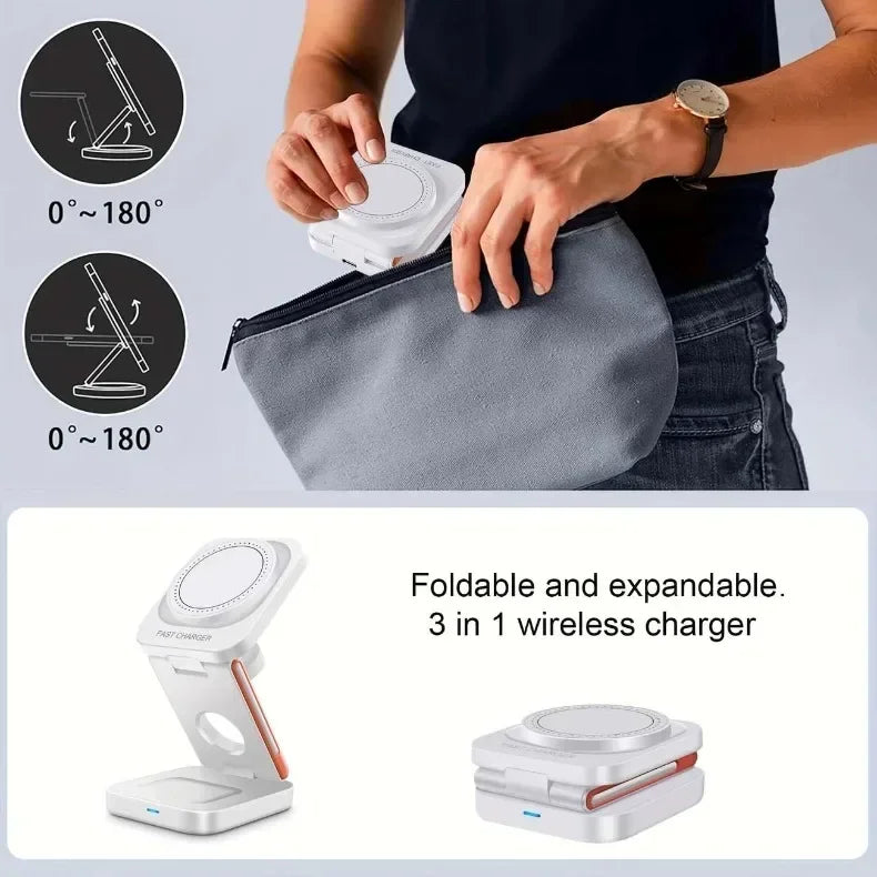 3 in 1 Fast Charging Station Foldable Magnetic Wireless Charger Stand for iPhone 17 16 15 14 13 12 iWatch 10-2 Airpods Pro Max