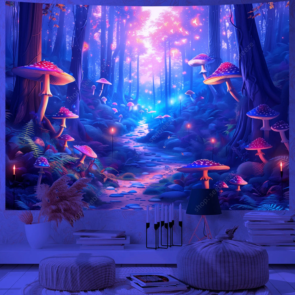 Fantasy Mushroom UV Reactive Tapestry Beautiful Floral Plant Tapestry Wall Hanging Gothic Home Wall Decor Room Decor Aesthetic