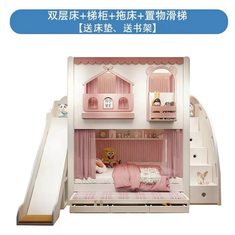 Customizable girl princess bunk bed two-story high-low sister high guardrail slide elevated bed