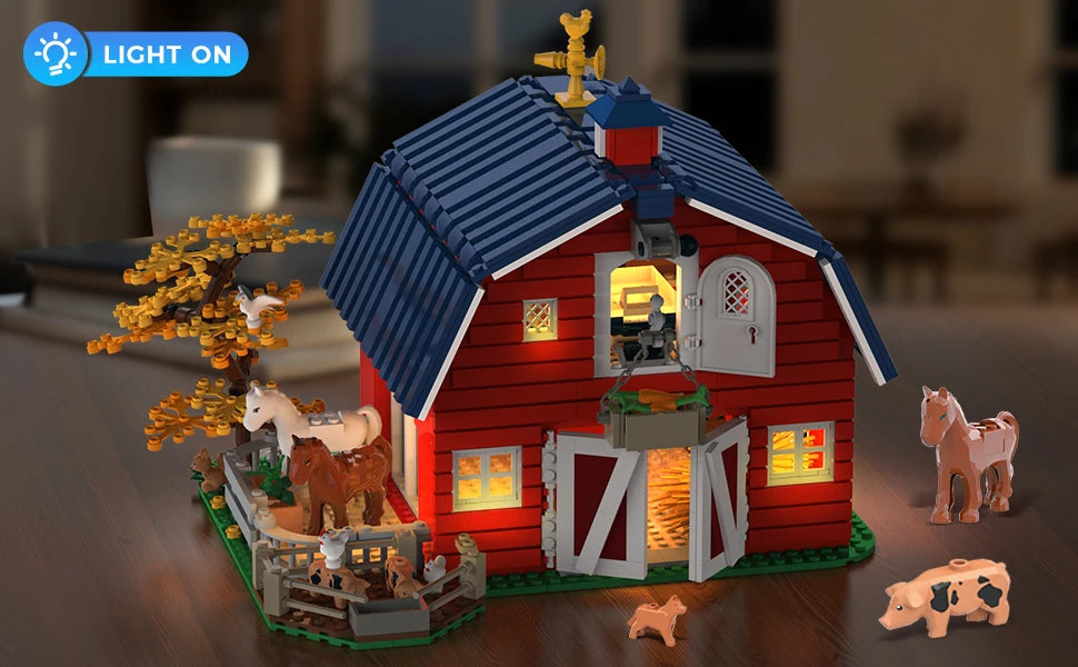 Farm Barn Building Set with Light-with Windmill Tractor Horse Animals Big Barn Construction Toy Brick Kit for Adults Teens 8+