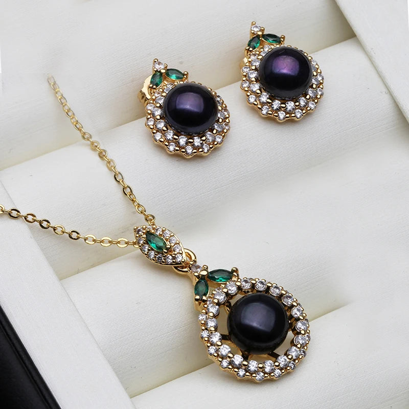 Wedding 18K Gold Plated Jewelry Set With Pearl Earrings And Necklace Wife Mother Anniversary Gift White Pink Black Gray