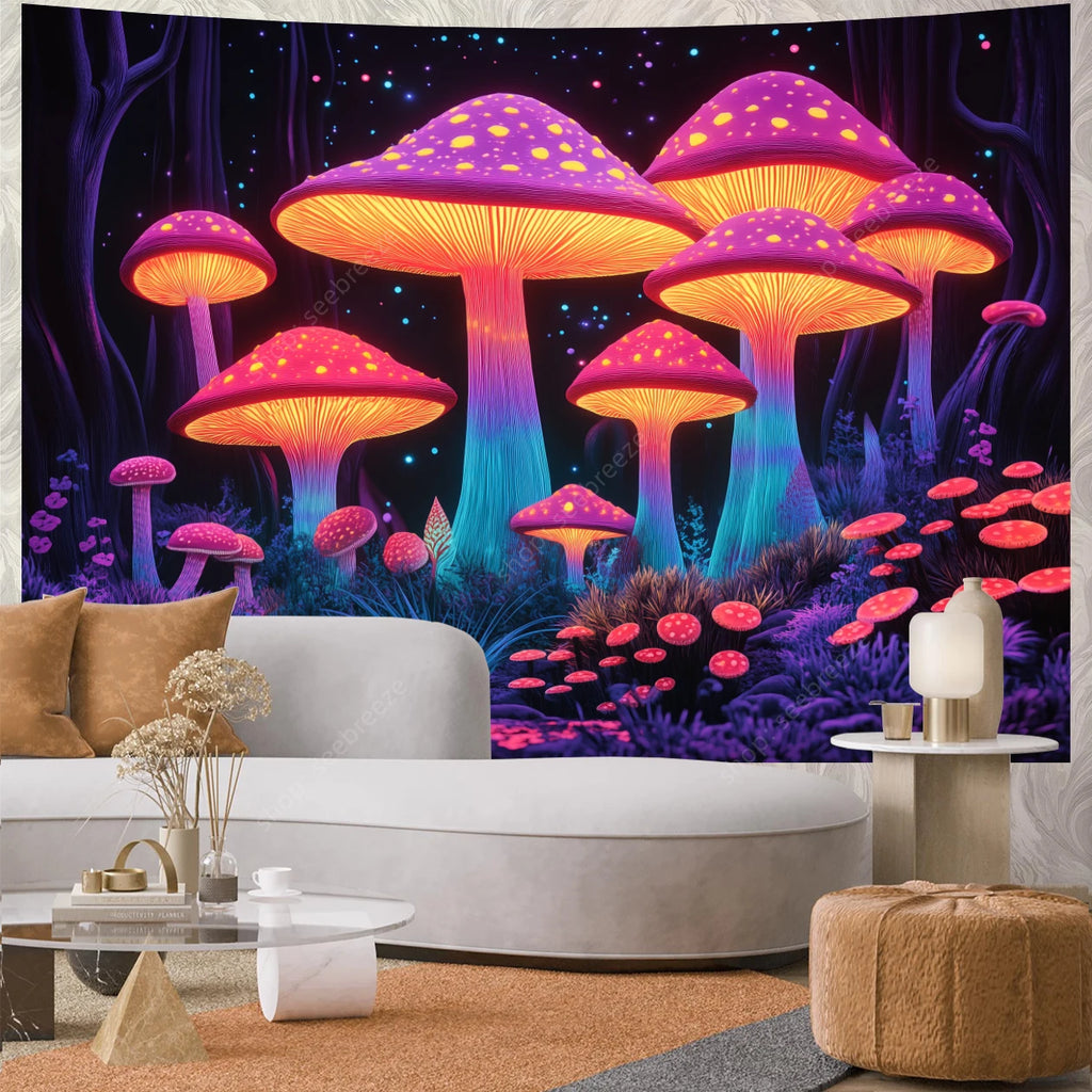 Fantasy Mushroom UV Reactive Tapestry Beautiful Floral Plant Tapestry Wall Hanging Gothic Home Wall Decor Room Decor Aesthetic