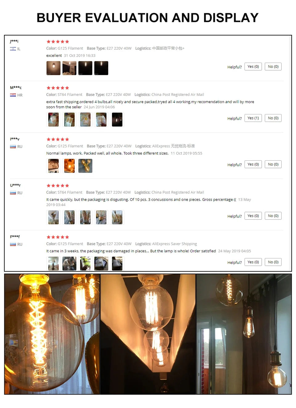 Vintage Edison LED Filament Bulb E27 220V 4W Dimmable Amber Glass ST64 G80 G95 G125 T185 A19 Retro Incandescent Lamp for Home