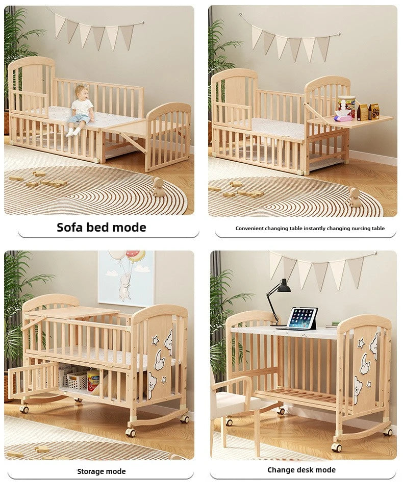 Baby Comfortable Sleeping Bed Solid Wood Newborn Baby Bed Multifunctional Baby Rocking Bed with Wheels and mosquito net