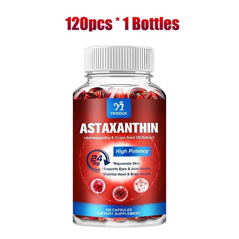 Astaxanthin 24 Mg Capsules, with Grape Seed Oil & Ashwagandha Root Extract, for Healthy Vision, Boosts lmmunity, Radiant Skin