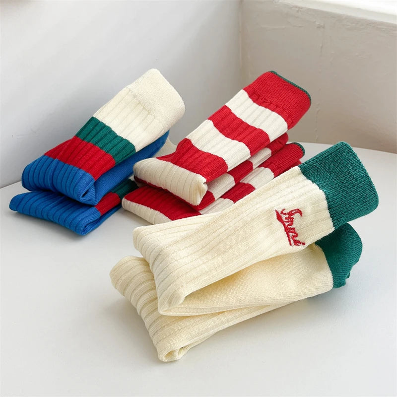 Socks For Women New Fashion Autumn Striped Cotton Long Socks Breathable Soft Korean Style Cute Embroidery Girls Casual Comfort