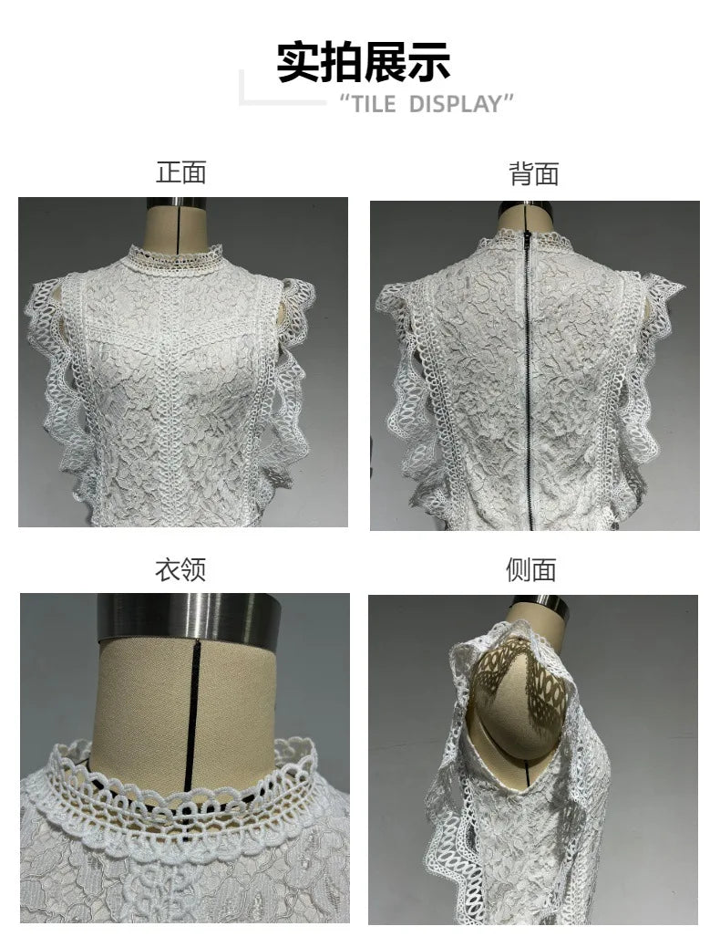 Summer Sexy Lace Hollowing Out Top Woman's Fashion Solid Color O-neck Sleeveless Blouses Ladies Foreign Styl Versatile Shirts