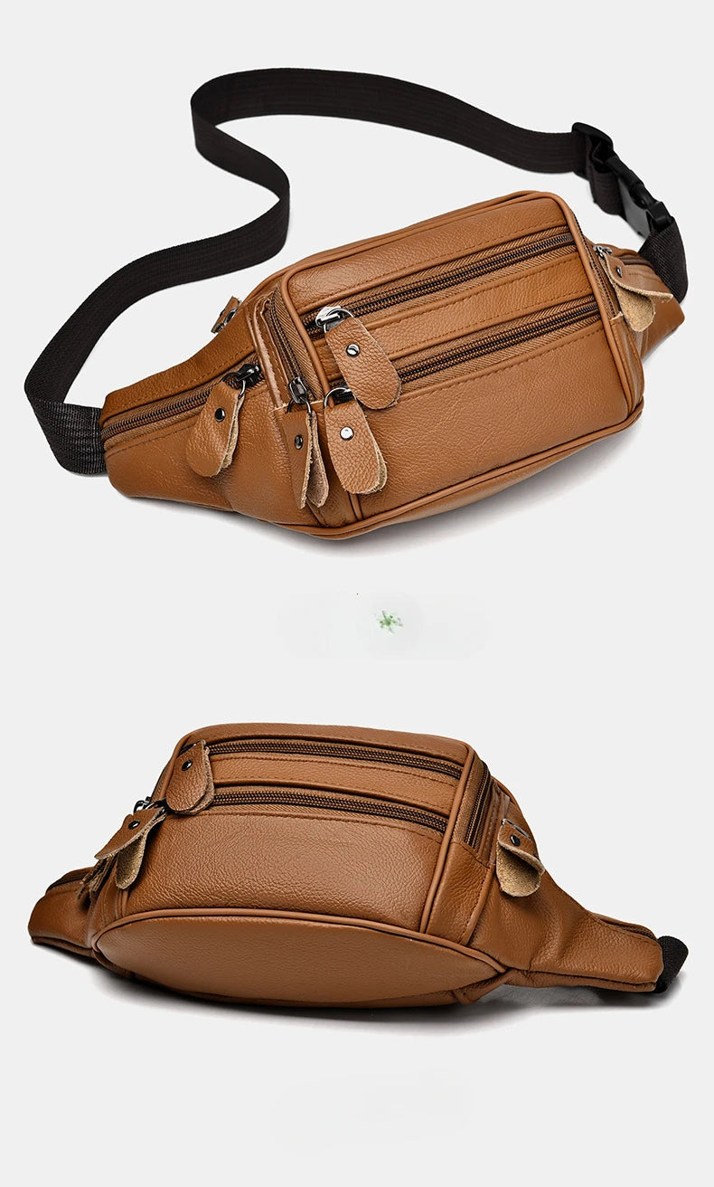 Large Capacity Waterproof PU Leather Men's Waist Bag Male Zipper Site Workers Travel Phone Bag Fanny Pack Men