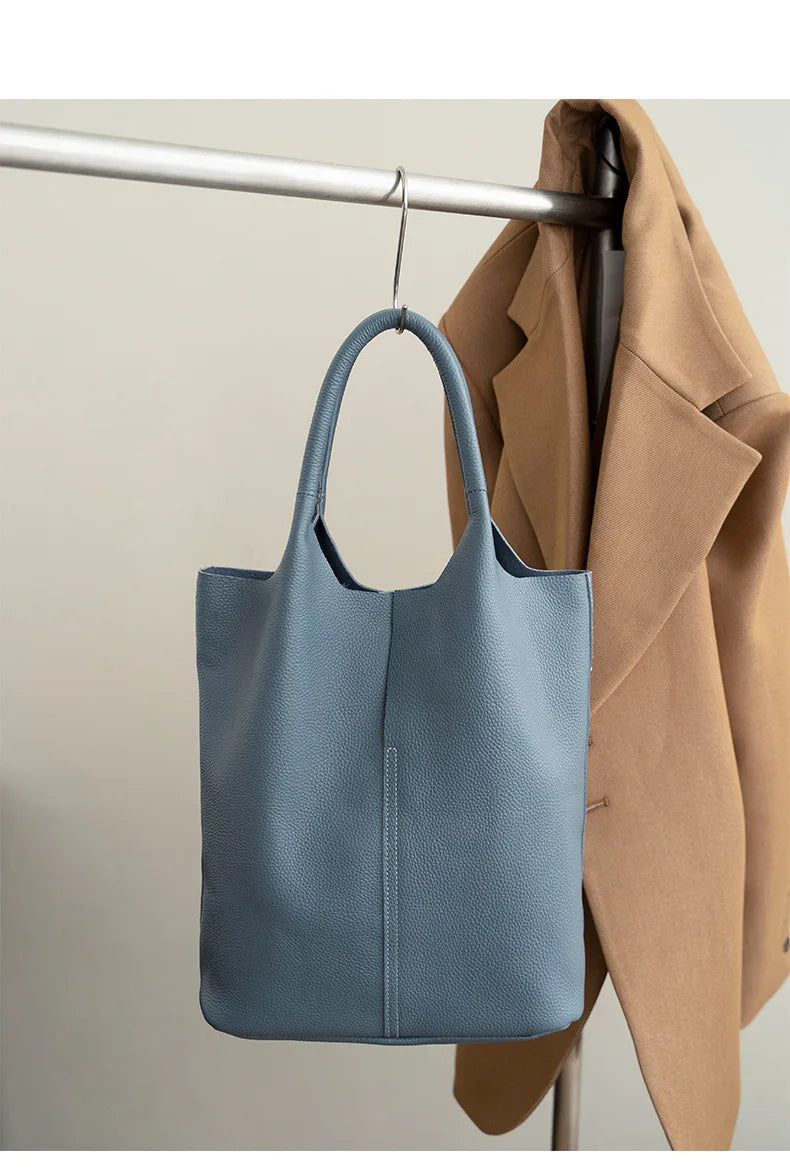Genuine Grade Leather Women Commuter Tote Bag Ladies Soft Cowhide Tote Shoulder Handbag Large Female Bucket Bag Luxury Designer