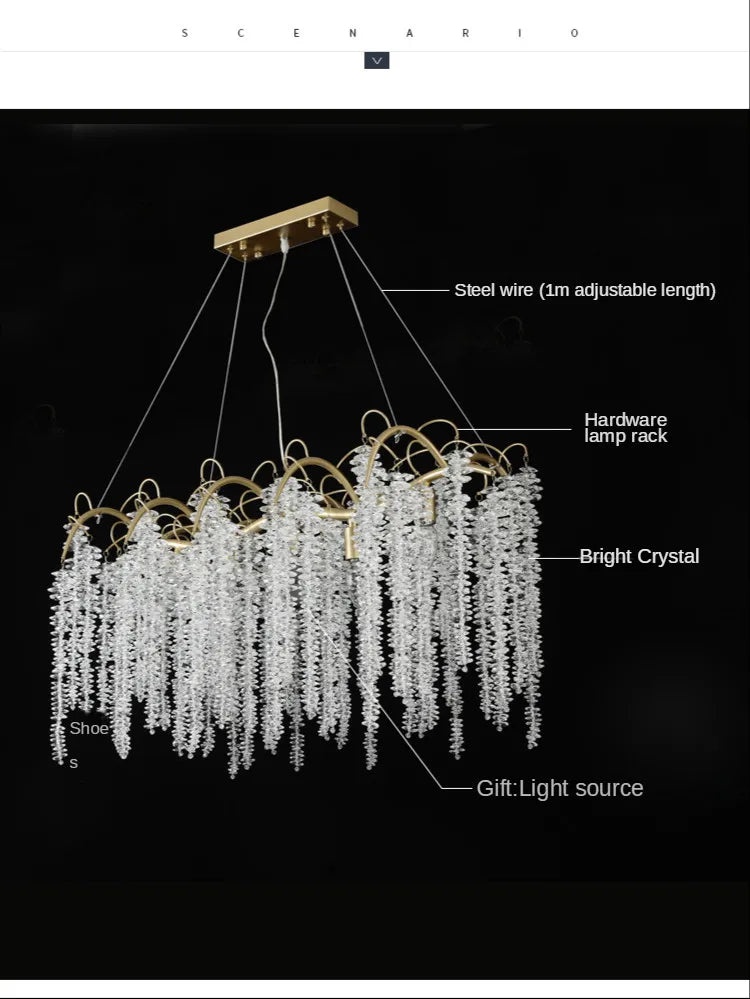 Morden LED Art Strip Crystal Ceiling Chandeliers Branch Pendant Lamp Villa Hall Hanging Light Home Decor Lustre Lighting Fixture
