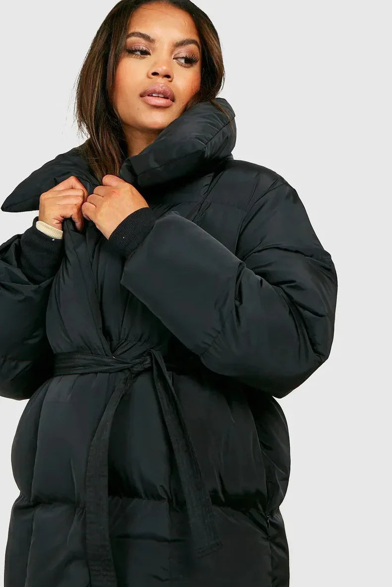 2025 Women's Clothing Parkas Warm-Weather Waist-Defining Long-Sleeve Tie-Waist Loose-Fit Solid-Color Fashionable Cotton Coat