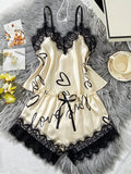 Women‘s Milk Silk Pajamas Set Summer Sleeveless Yellow Heart Print Lace Trim Soft Summer Sleepwear Lounge Sets Nightwear