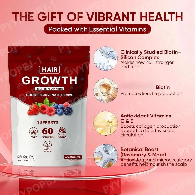 Women Hair Growth Vitamin Gummies Healthy Nourishment with Biotin Collagen Botanical Extracts Also for Skin Nail Care 60 Gummies