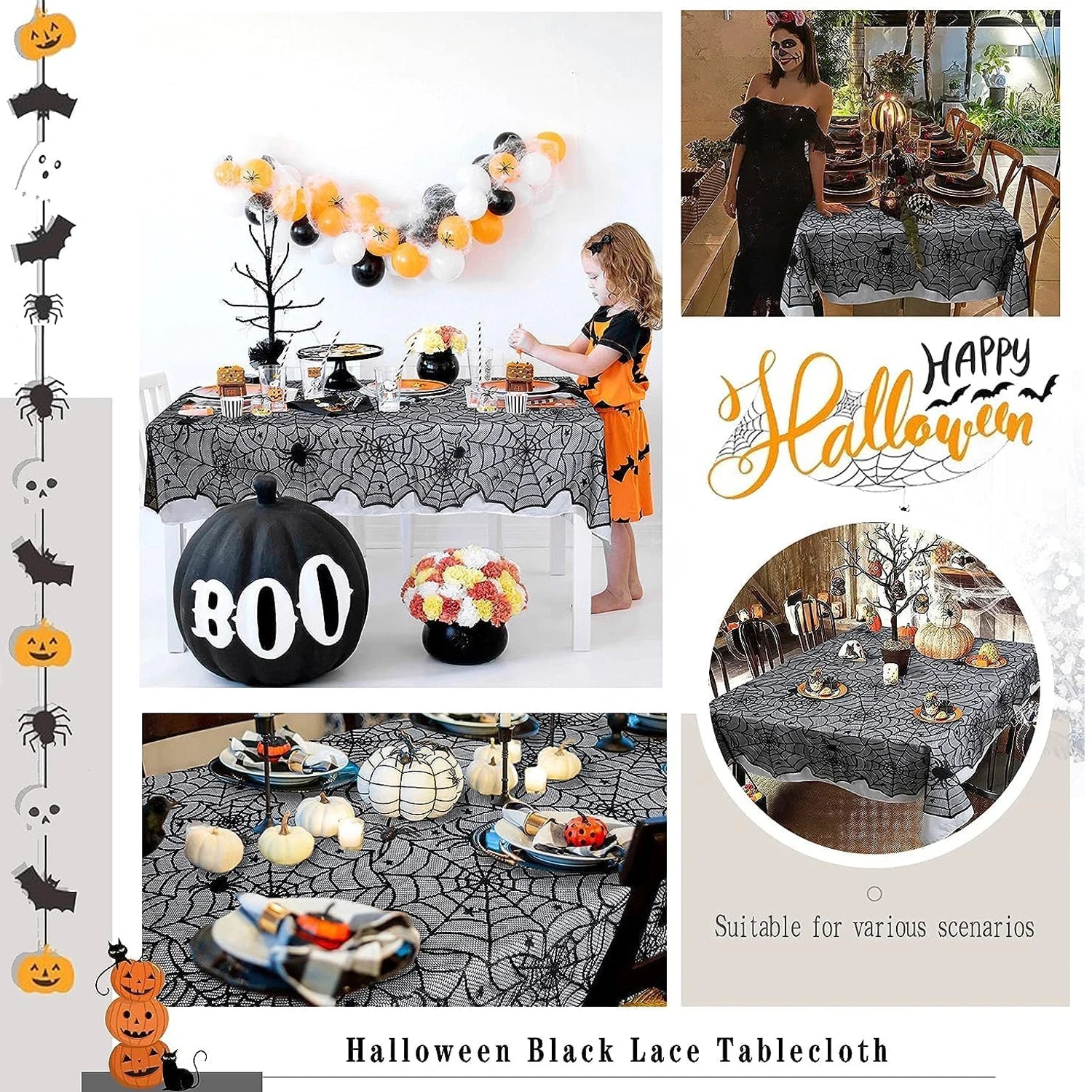 1 pcs of Halloween lace tablecloth spider web skull pattern rectangular shape for party decoration haunted house pumpkin design