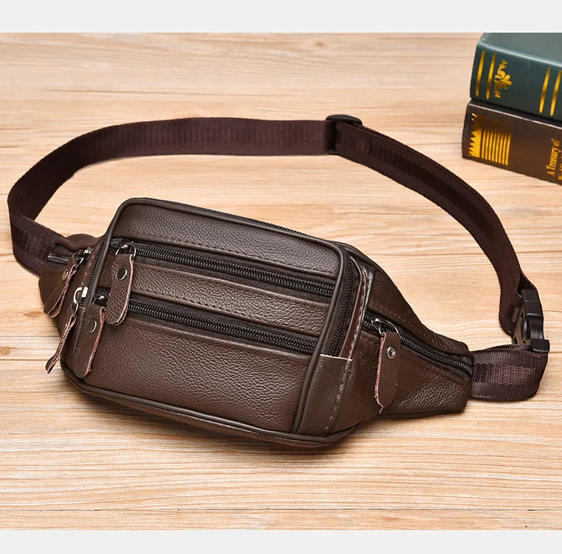 Large Capacity Waterproof PU Leather Men's Waist Bag Male Zipper Site Workers Travel Phone Bag Fanny Pack Men