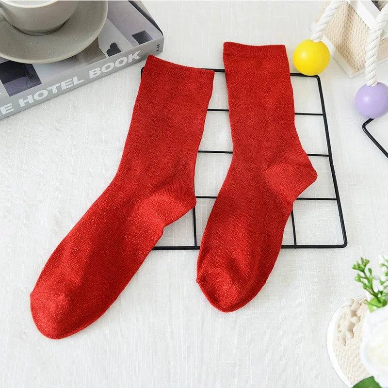 Women's Socks Spring  Japanese-style Gold Silver Thread Socks Solid Color Thin Breathable Mid-calf For Girl Funny Fashion Simple